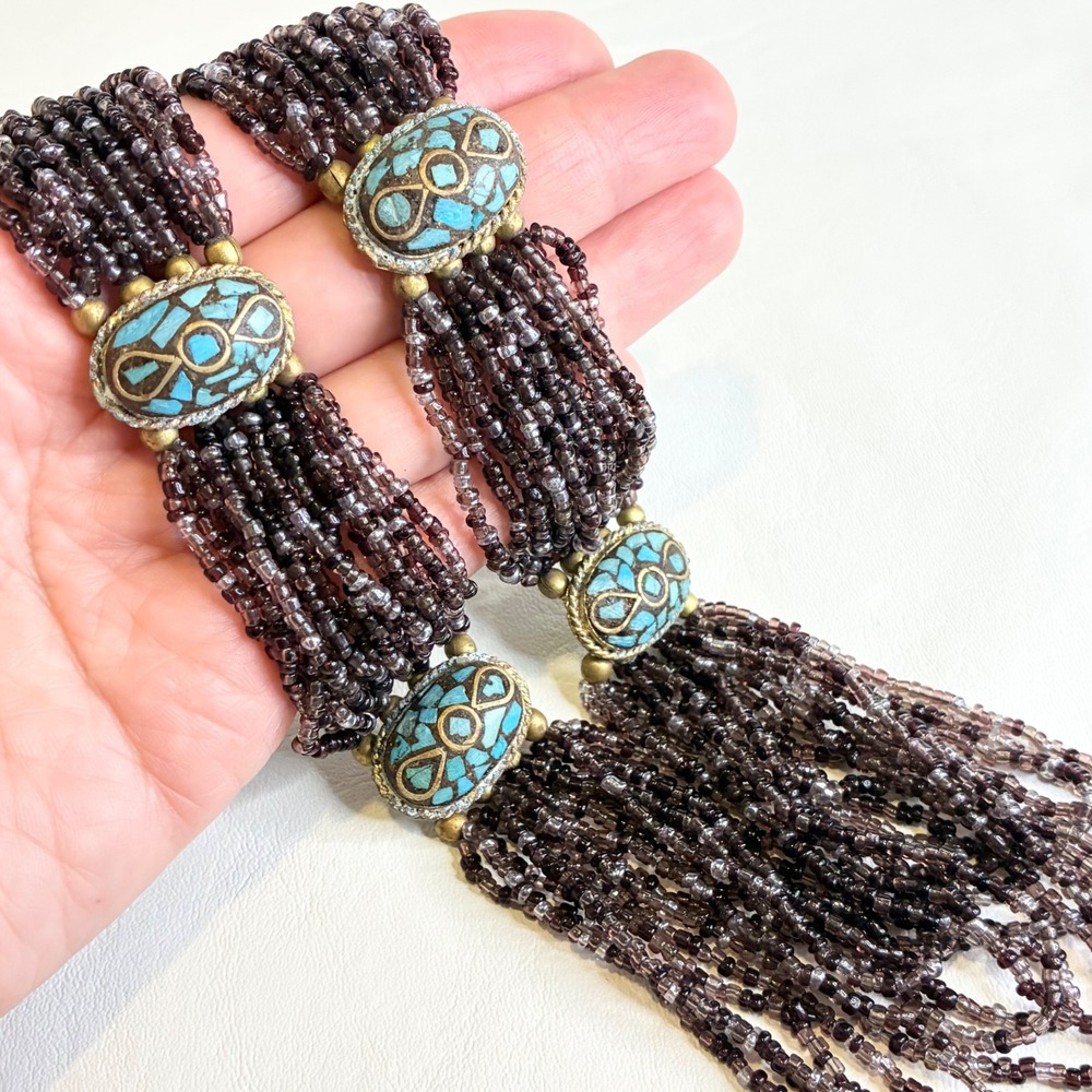 Vintage Turquoise Necklace Multi Strand Seed Bead Mosaic Inlay Purple Brass Tone